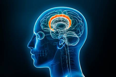 Xray lateral or profile view of the cingulate gyrus or cortex 3D rendering illustration with body contours. Human brain and limbic system anatomy, medical, biology, neuroscience, neurology concepts.の写真素材