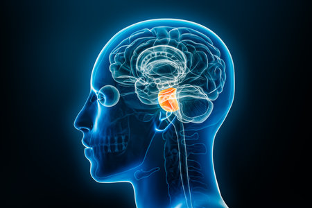 Xray lateral or profile view of the pons 3D rendering illustration with male body contours. Human brain anatomy, medical, biology, science, neuroscience, neurology concepts.の写真素材