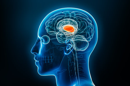 Xray lateral or profile view of the thalamus 3D rendering illustration with male body contours. Human brain and limbi system anatomy, medical, biology, neuroscience, neurology concepts.の写真素材