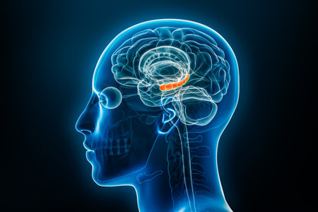 Xray lateral or profile view of the hippocampus 3D rendering illustration with male body contours. Human brain anatomy, medical, biology, science, neuroscience, neurology concepts.の写真素材
