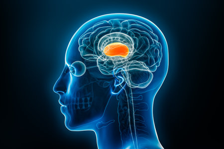 Xray profile view of the forebrain or prosencephalon 3D rendering illustration. Human brain and body anatomy, medical, biology, science, neuroscience, neurology concepts.の写真素材