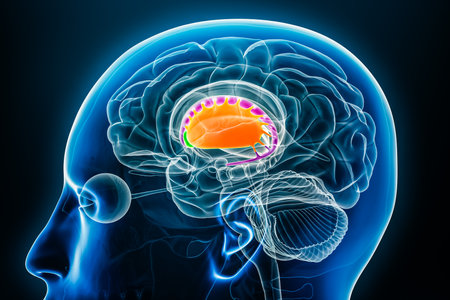 Putamen in orange, nucleus accumbens in green and caudate nucleus in purple 3D rendering illustration with body contours. Human brain, basal ganglia and corpus striatum anatomy, neuroscience diagram.の写真素材