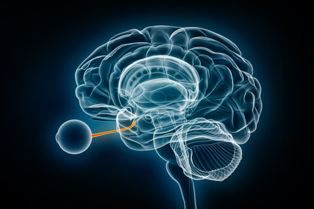 Optic or cranial nerve x-ray view 3D rendering illustration. Human brain and visual system anatomy, medical, healthcare, biology, science, neuroscience, neurology, ophthalmology concepts.の写真素材