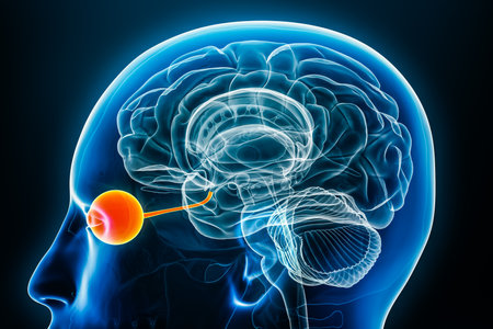 Eye and optic or cranial nerve x-ray profile close-up view 3D rendering illustration with body contours. Human brain and visual system anatomy, medical, biology, science, ophthalmology concept.の写真素材