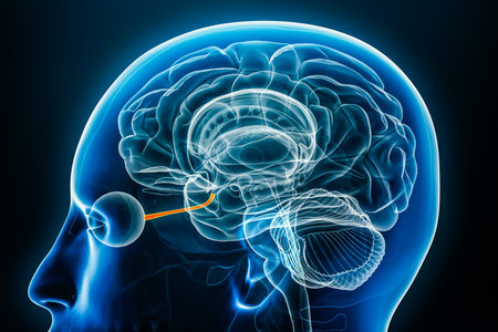 Optic or cranial nerve x-ray profile close-up view 3D rendering illustration with body contours. Human brain and visual system anatomy, medical, biology, science, neuroscience, ophthalmology concepts.の写真素材