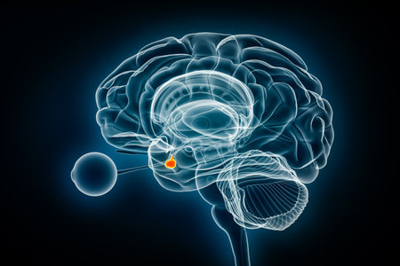 Pituitary gland or neurohypophysis x-ray view 3D rendering illustration. Human brain, nervous and endocrine system anatomy, medical, healthcare, science, neuroscience, neurology concepts.の写真素材
