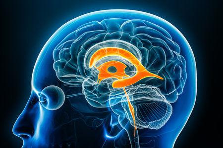 Ventricles and cerebral aqueduct x-ray profile close-up view 3D rendering illustration with body contours. Human brain and ventricular system anatomy, medical, biology, science, neuroscience, neurology concepts.の写真素材