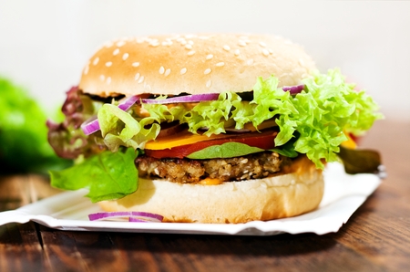 Fresh vegetarian burger with hazelnut mushroom pattyの写真素材