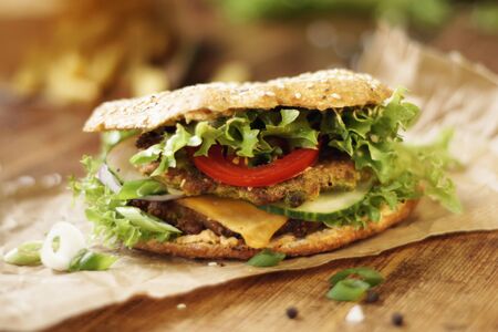 Homemade cheese burger with lentil patty and fresh saladの写真素材