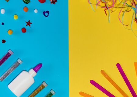 Arts and crafts flat lay with colored card and craft materialsの写真素材