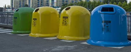 Colorful recycling dustbins in Polish city for paper, glass and plasticの写真素材