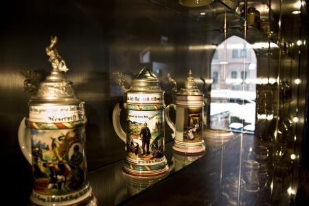 Tychy, Poland - Circa January 2010  Brewing museum in Tychy, Silesia  Old pints used for drinking beer のeditorial素材