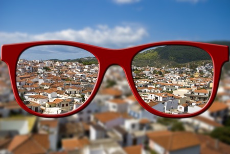 Sharp sight concept  Blurred and keen eyesight with glasses  Optic healthcare concept の写真素材