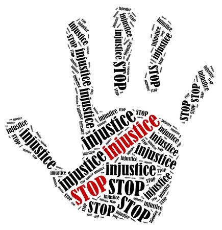 Stop injustice. Word cloud illustration in shape of hand print showing protest.の写真素材