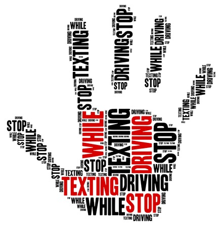Texting and driving a car. Warning message. Word cloud illustration.の写真素材