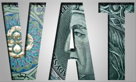 VAT. Value added tax. Inscription with polish banknote, 100 zloty pattern.の写真素材