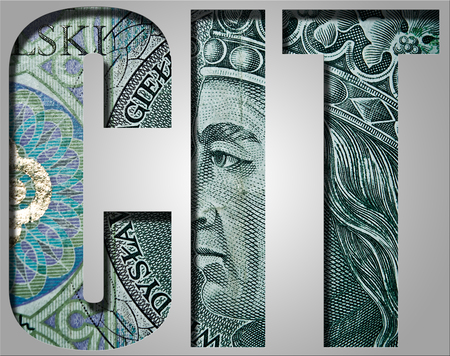CIT. Corporate income tax. Inscription with polish banknote, 100 zloty pattern.の写真素材
