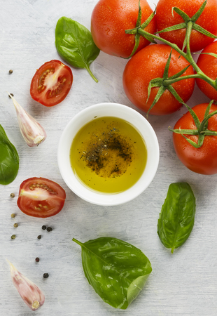 Ingredients for paste: spaghetti, basil, tomatoes, garlic, pepper, olive oilの写真素材
