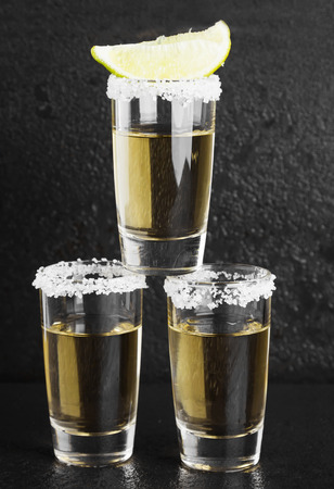 Tequila with salt and lime on a dark backgroundの写真素材