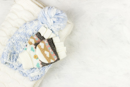 Warm woolen clothes on a white backgroundの写真素材