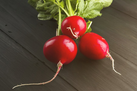 Fresh radish on a dark wooden background. Toningの写真素材
