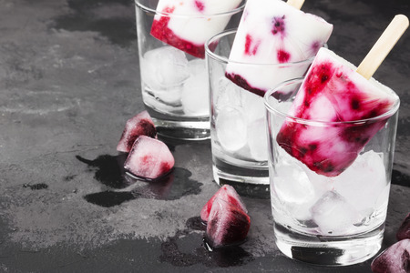 Ice cream from yogurt / coconut milk with blackberry and raspberry on a dark background. Copy space....