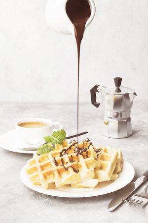 Waffles on white plate with chocolate and mint, coffee, sauce-boat with chocolate on a light background. Toningの写真素材
