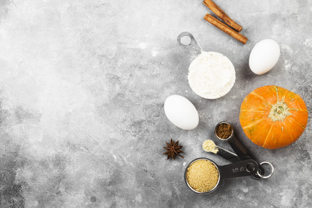 Ingredients for pumpkin pie - flour, pumpkins, eggs, cane sugar, various spices (nutmeg, ginger, cinnamon, anise) on a gray background. Copy space. Food backgroundの写真素材