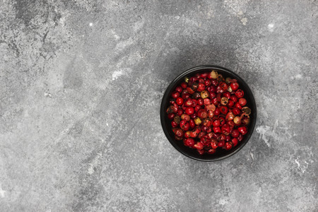 Red hot pepper on a gray background. Top view, copy space. Food backgroundの写真素材