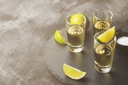 Tequila with lime and salt on a dark background. Copy space. Food background. Tonedの写真素材