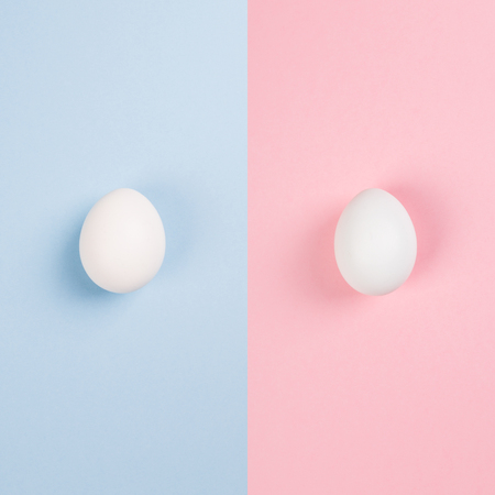 White eggs on blue and pink background. Ð¡oncept gender stereotypes, role of man and woman in societyの写真素材