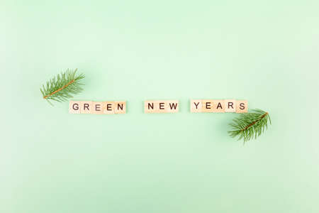 Phrase "Green new years" in wooden letters on green background, fir branches aroundの写真素材