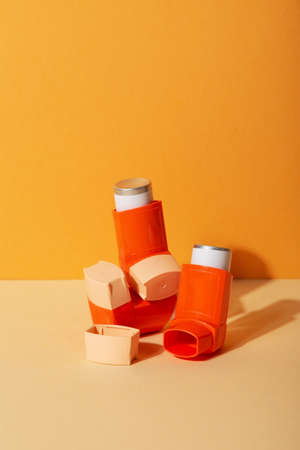 Asthma drugs pattern inhalers. World Asthma Day. Concept allergyの写真素材