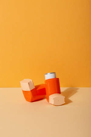 Asthma drugs inhalers. World Asthma Day. Concept allergyの写真素材