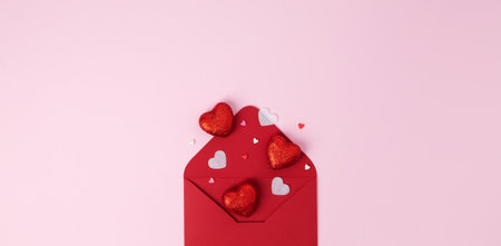 Valentine day holiday background with red envelope and various hearts, romantic message. copyspace. top viewの写真素材