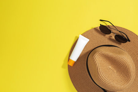 Things for beach sunscreens, hats and sunglasses. Safe exposure to sun. Skin Cancer Awareness Month...