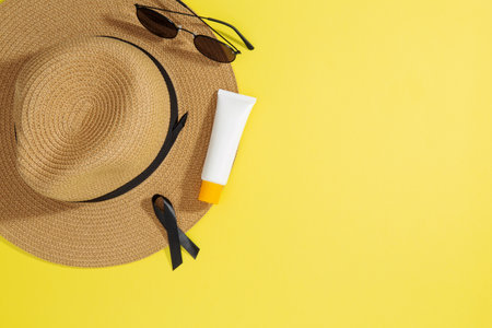 Things for beach sunscreens, hats and sunglasses. Safe exposure to sun. Skin Cancer Awareness Month...