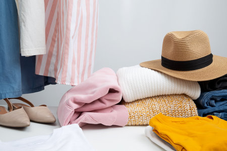 Reduce and reuse concept. Preparing clothes for swap. Waste problem in the fashion industry....