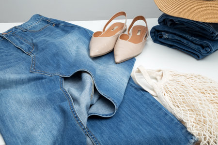 Reduce and reuse concept. Preparing clothes for swap. Waste problem in the fashion industry. Vertical storage of clothing, tidying up, garments declutter and sortingの写真素材