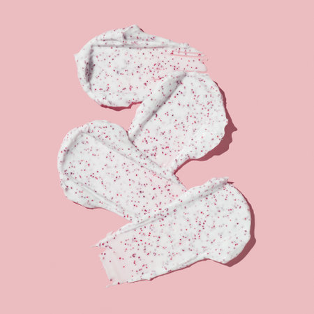 Smears of body scrub on pink background. Fruit and berry body scrub texture of the swatch. Cosmetic smearの写真素材