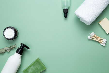 Different cosmetic bottles and container. Bathing products in the bathroom, spa serum, natural soap, cotton towel and various accessories flat lay on green background. Top view, copy spaceの写真素材