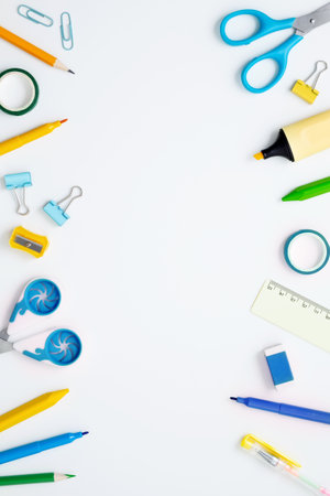 Set of stationery for work and study on white background. Back to school. Top view, flat lay, copy spaceの写真素材