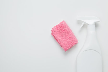 Various accessories cleaning products, sprays, rag. Top view, flat lay, copy spaceの写真素材