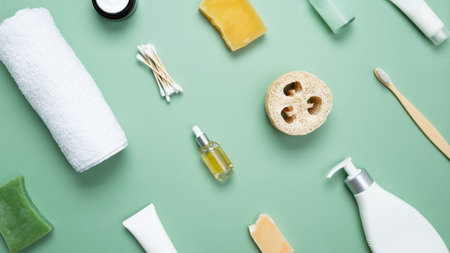 Different cosmetic bottles and container. Bathing products in the bathroom, spa serum, natural soap, cotton towel and various accessories flat lay on green background. Top viewの写真素材