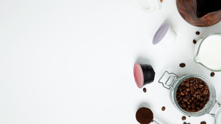 Ingredients for making coffee. Making coffee in clay cezve with milk or coffee machine capsules. Coffee making concept. Flat Lay. Top view. Copy spaceの写真素材