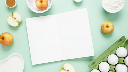 Ingredients for making classic cake pie with apples on green background. Concept homemade food,...