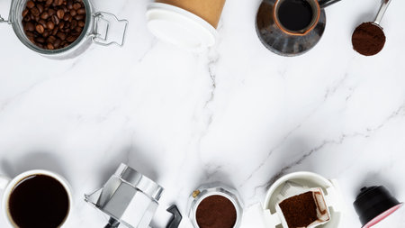 Ingredients for making coffee. Different ways to make coffee geyser moka maker,  metal cezve, coffee machine capsules, drip. Coffee making concept. Flat Lay. Top view. Copy spaceの写真素材