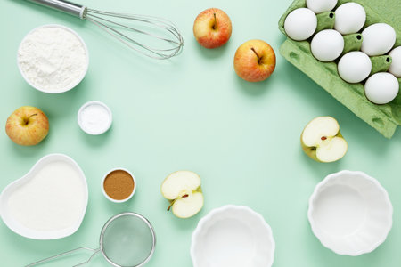 Ingredients for making classic cake pie with apples on green background. Concept homemade food, seasonal pastries. Top view, copy spaceの写真素材