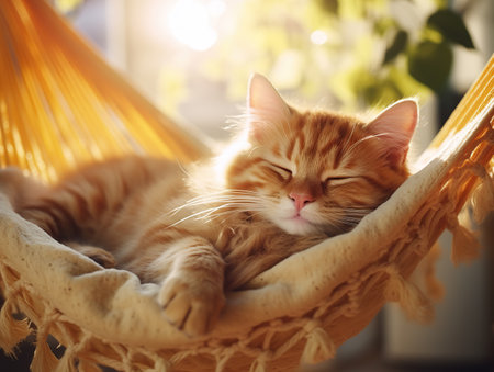 Ginger domestic cat sleeps in a hammockの素材