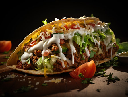 traditional mexican tacos on wooden background. National Taco Dayの素材